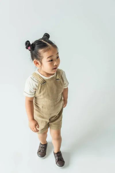 High Angle View Asian Toddler Girl Posing Grey — Stock Photo, Image