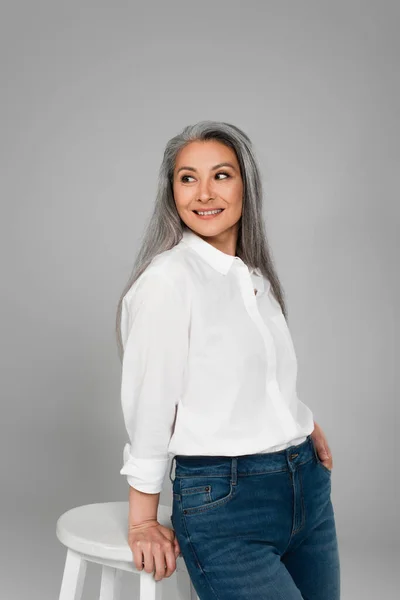 Positive Asian White Shirt Standing Hand Pocket Jeans Isolated Grey — Stock Photo, Image