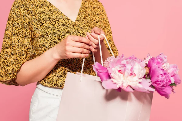 Partial View Woman Stylish Blouse Holding Shopping Bag Peonies Isolated — Stockfoto