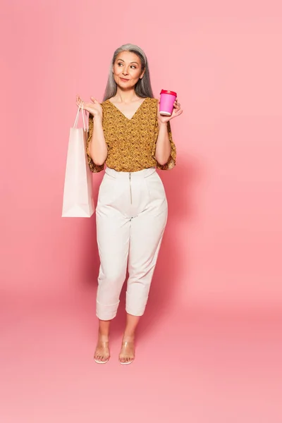 Full Length View Asian Woman Paper Cup Shopping Bag Looking — Fotografia de Stock