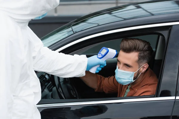 Border Guard Hazmat Suit Checking Temperature Driver Auto — Stock Photo, Image