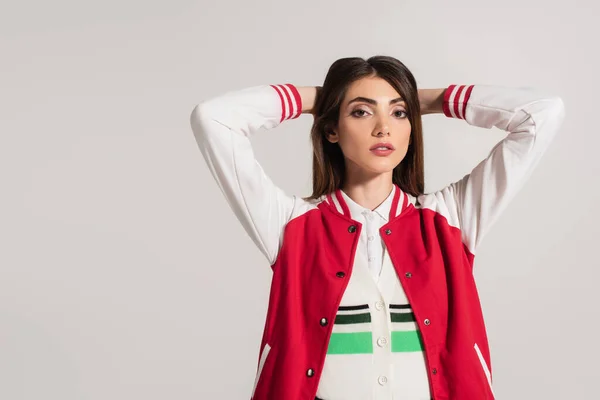 Brunette Woman Black White Jacket Posing Hands Head Isolated Grey — Foto de Stock