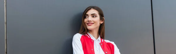 Happy Woman Black White Jacket Looking Aside Grey Wall Banner —  Fotos de Stock