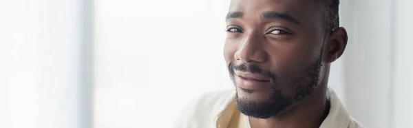 Smiling African American Man Shirt Looking Camera Banner — Stock Photo, Image