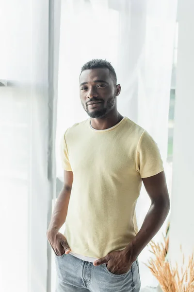 Bearded African American Man Standing Hands Pockets — Stock Photo, Image
