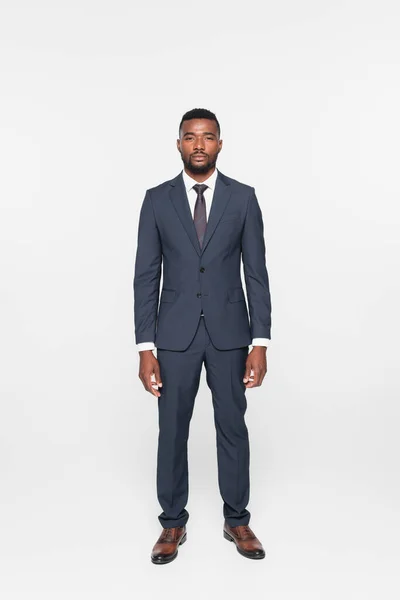 Full Length African American Businessman Suit Isolated Grey — Stock Photo, Image