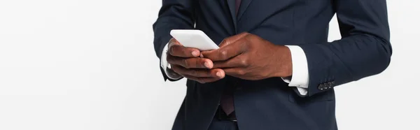 Cropped View African American Businessman Suit Messaging Smartphone Isolated Grey — Stock Photo, Image