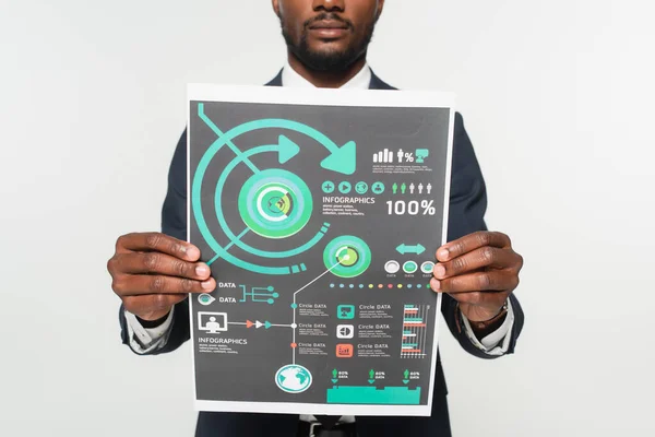 Przycięty Widok Afrykańskiego Amerykańskiego Biznesmena Garniturze Trzymającego Papier Zadrukowany Infografiką — Zdjęcie stockowe
