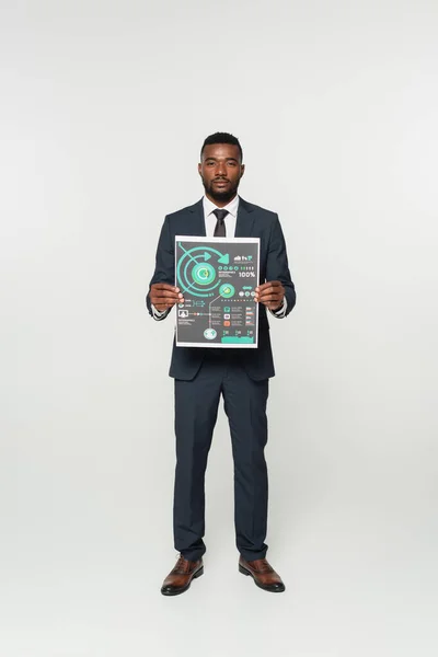 Full Length African American Businessman Suit Holding Printed Paper Infographics — Stock Photo, Image