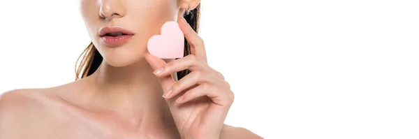 Cropped View Young Woman Bare Shoulders Holding Heart Shape Sponge — Stock Photo, Image