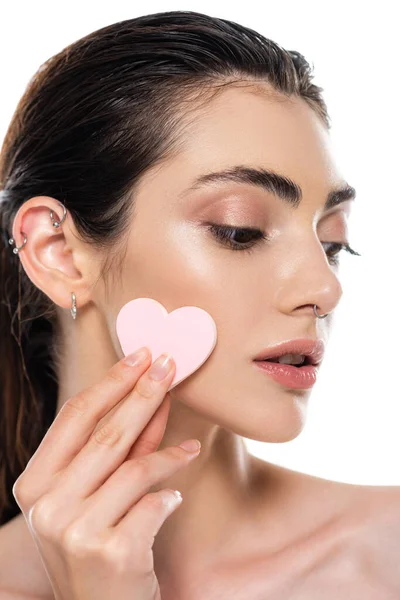 Pierced Young Woman Perfect Skin Holding Heart Shape Sponge Isolated — Stock Photo, Image