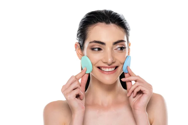 Cheerful Woman Holding Blue Beauty Sponges Isolated White — Stock Photo, Image