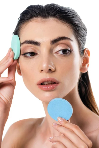 Pretty Woman Holding Blue Beauty Sponges Isolated White — Stock Photo, Image