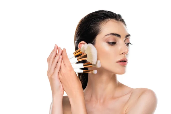 Brunette Woman Bare Shoulders Holding Cosmetic Brushes Isolated White — Stock Photo, Image