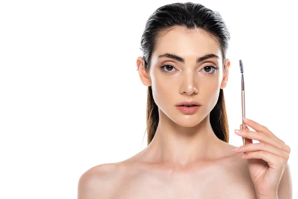 Young Woman Bare Shoulders Holding Eyebrow Brush Isolated White — Stock Photo, Image