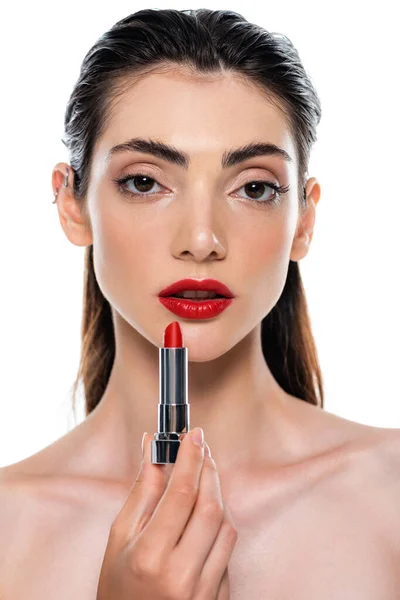 Brunette Young Woman Red Lips Holding Lipstick Isolated White — Stock Photo, Image