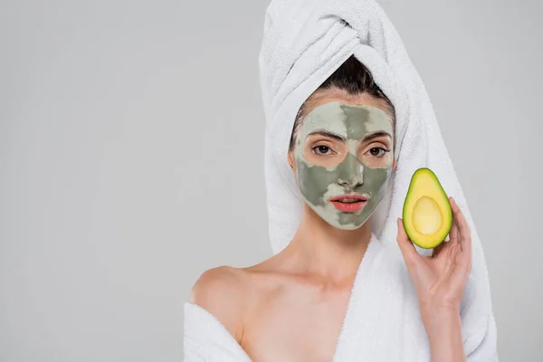 Woman Towel Head Clay Mask Holding Green Avocado Isolated Grey — Stock Photo, Image