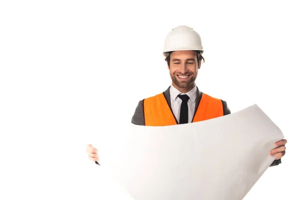Smiling Engineer Holding Blueprint Isolated White — Stock Photo, Image