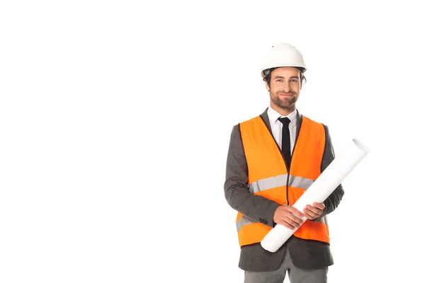 Engenheiro Chapéu Duro Segurando Planta Isolada Branco — Fotografia de Stock