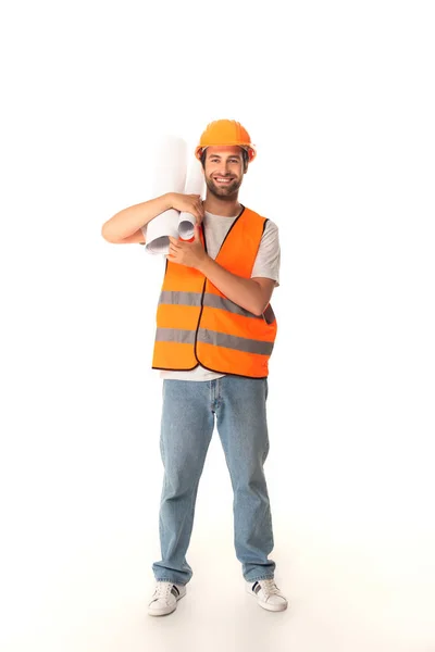 Smiling Builder Holding Blueprints White Background — Stock Photo, Image