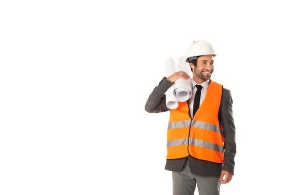 Engenheiro Sorridente Desgaste Formal Chapéu Duro Segurando Plantas Isoladas Branco — Fotografia de Stock