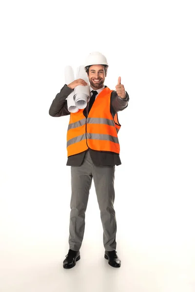 Smiling Engineer Showing Holding Blueprints White Background — Stock Photo, Image