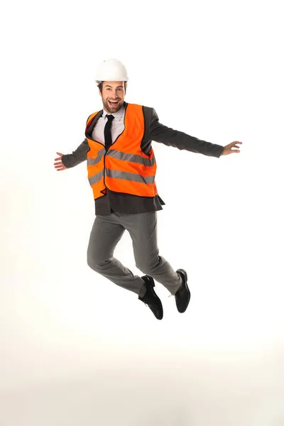 Happy Engineer Jumping Isolated White — Stock Photo, Image