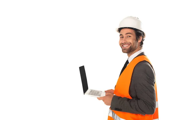 Engineer Safety Vest Holding Laptop Isolated White — Stock Photo, Image