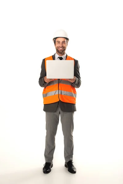 Positive Engineer Safety Vest Holding Laptop White Background — Stock Photo, Image