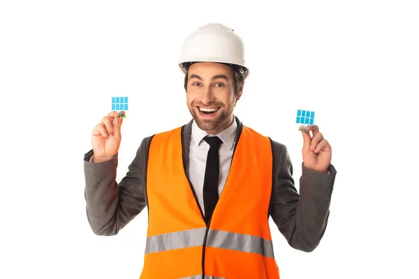 Smiling Engineer Holding Models Solar Batteries Isolated White — Stock Photo, Image