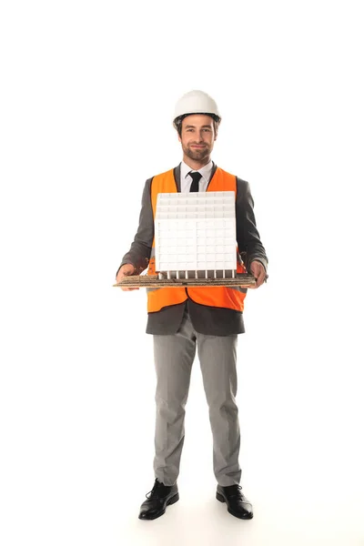 Engineer Hard Hat Holding Model Building White Background — Stock Photo, Image