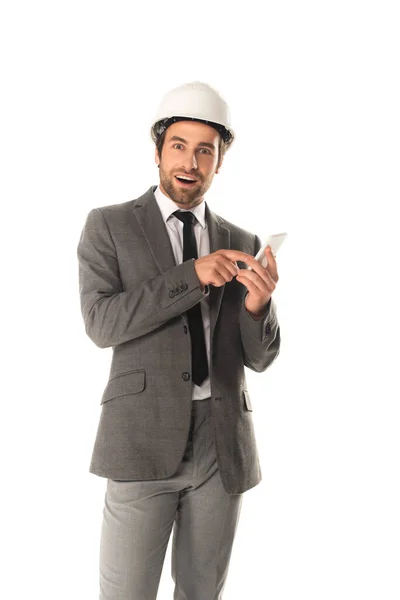 Excited Engineer Using Smartphone Isolated White — Stock Photo, Image
