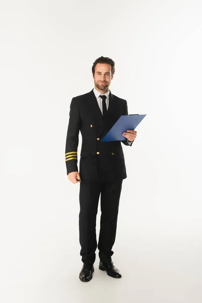 Pilot Uniform Holding Clipboard White Background — Stock Photo, Image