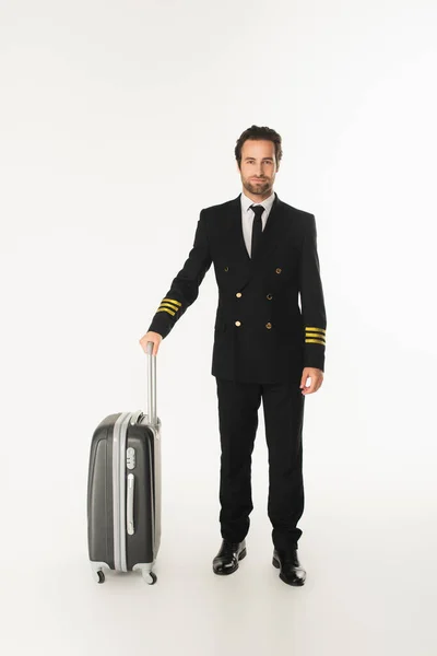 Young Pilot Suitcase Standing White Background — Stock Photo, Image