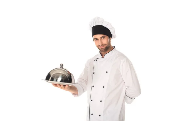 Chef Uniform Holding Cloche Tray Isolated White — Stock Photo, Image