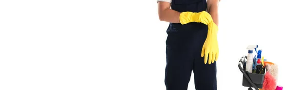 Cropped View Cleaner Wearing Rubber Gloves Cart Isolated White Banner — Stock Photo, Image