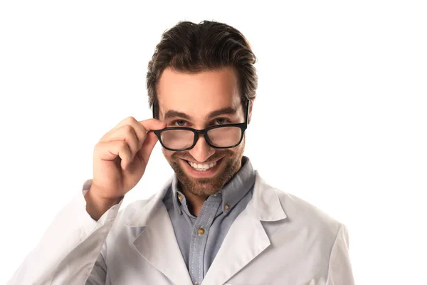 Cheerful Doctor Holding Eyeglasses Looking Camera Isolated White — Stock Photo, Image