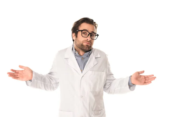 Confused Doctor Showing Shrug Gesture Isolated White — Stock Photo, Image