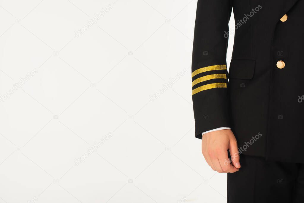 Cropped view of pilot in uniform isolated on white 