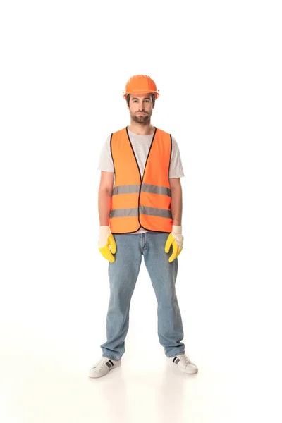 Builder Gloves Safety Vest Looking Camera White Background — Stock Photo, Image