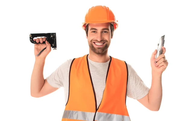 Repairman Holding Stapler Stationery Knife Isolated White — Stock Photo, Image