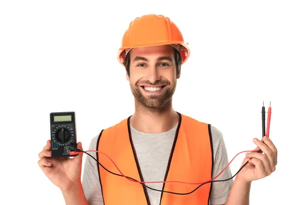 Smiling Builder Holding Electric Tester Isolated White — Stock Photo, Image