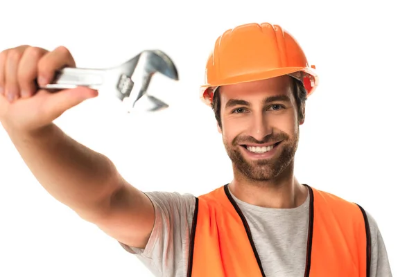 Smiling Repairman Holding Blurred Wrench Isolated White — Stock Photo, Image