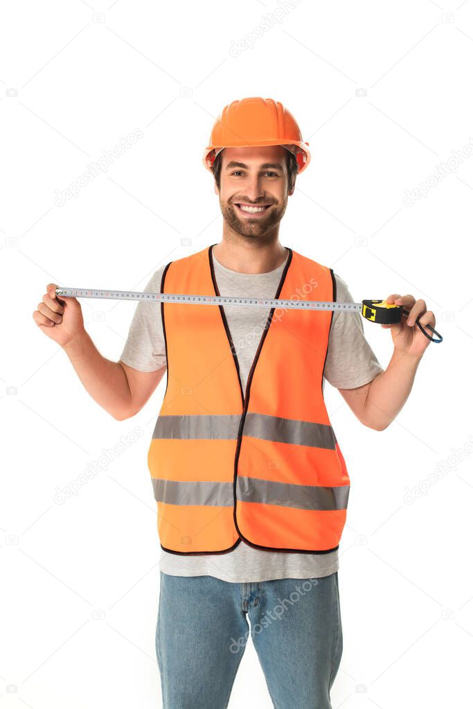 Positive builder holding tape measure isolated on white 