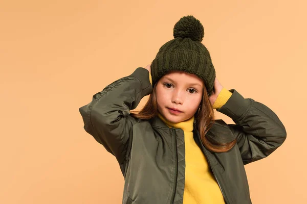 Kid Brown Hat Jacket Posing Hands Head Isolated Beige — Stock Photo, Image