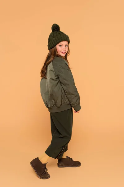 Full Length View Smiling Girl Jacket Pants Knitted Hat Standing — Stock Photo, Image