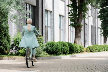 Şehir caddesinde bisiklet süren spor ceketli yaşlı bir iş kadınının arka manzarası.