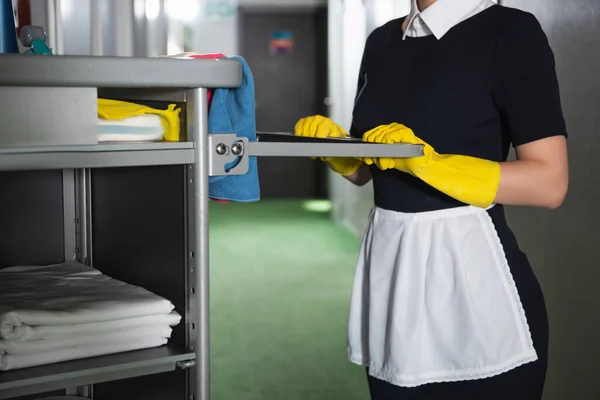 Cropped View Young Chambermaid Apron Holding Handle Housekeeping Cart — Stock Photo, Image