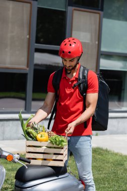 Kasklı genç Arap kurye scooter 'da sebzeli ahşap kutu tutuyor. 