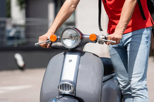 Cropped View Deliveryman Standing Scooter Outdoors — Stock Photo, Image